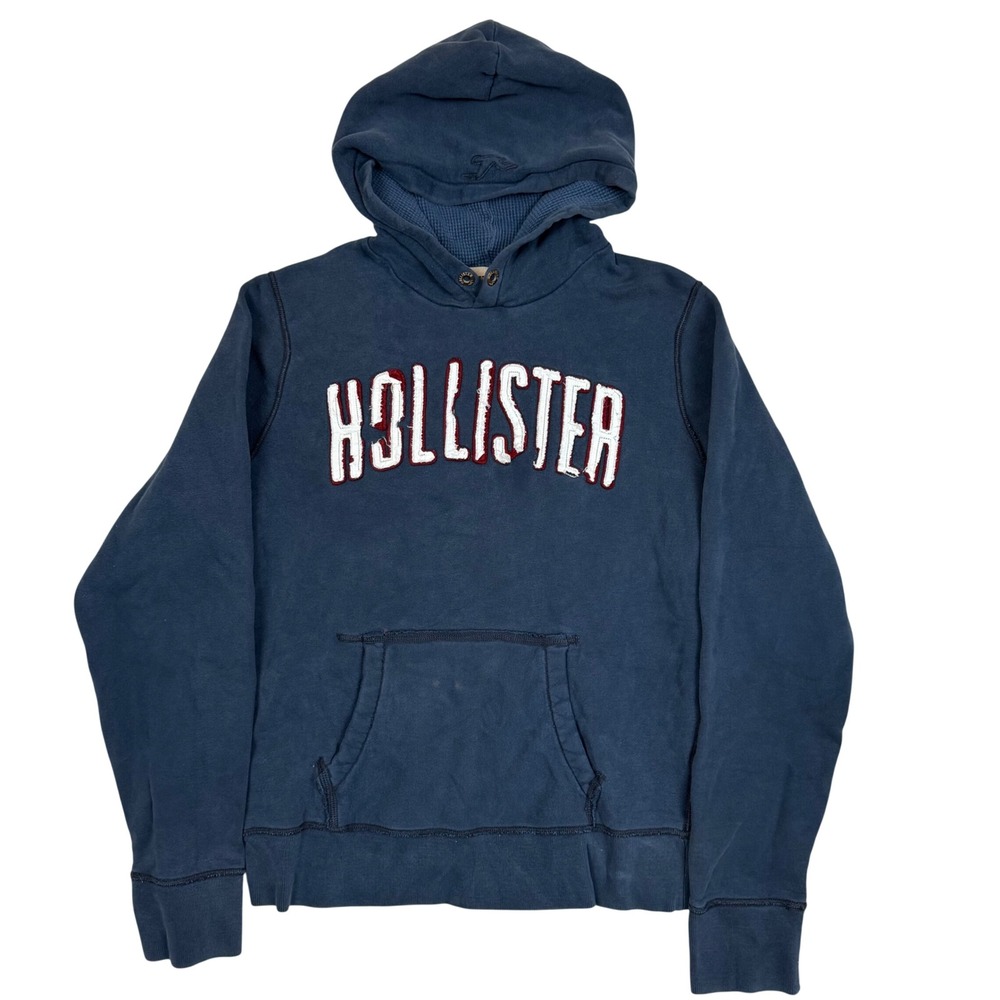 Y2K Vintage Hollister Hoodie XL 23x27.5 Distressed Logo Navy Blue Pullover Surf